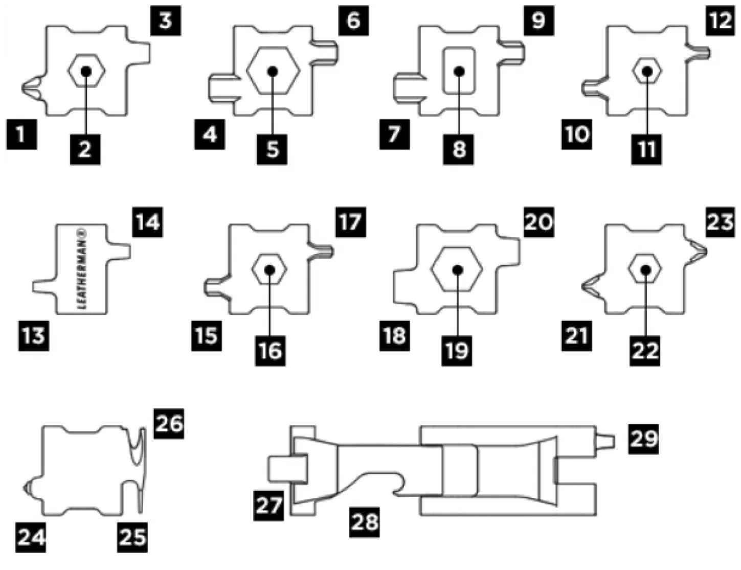 Схематичне зображення 29 інструментів мутильтитулу Leatherman Tread