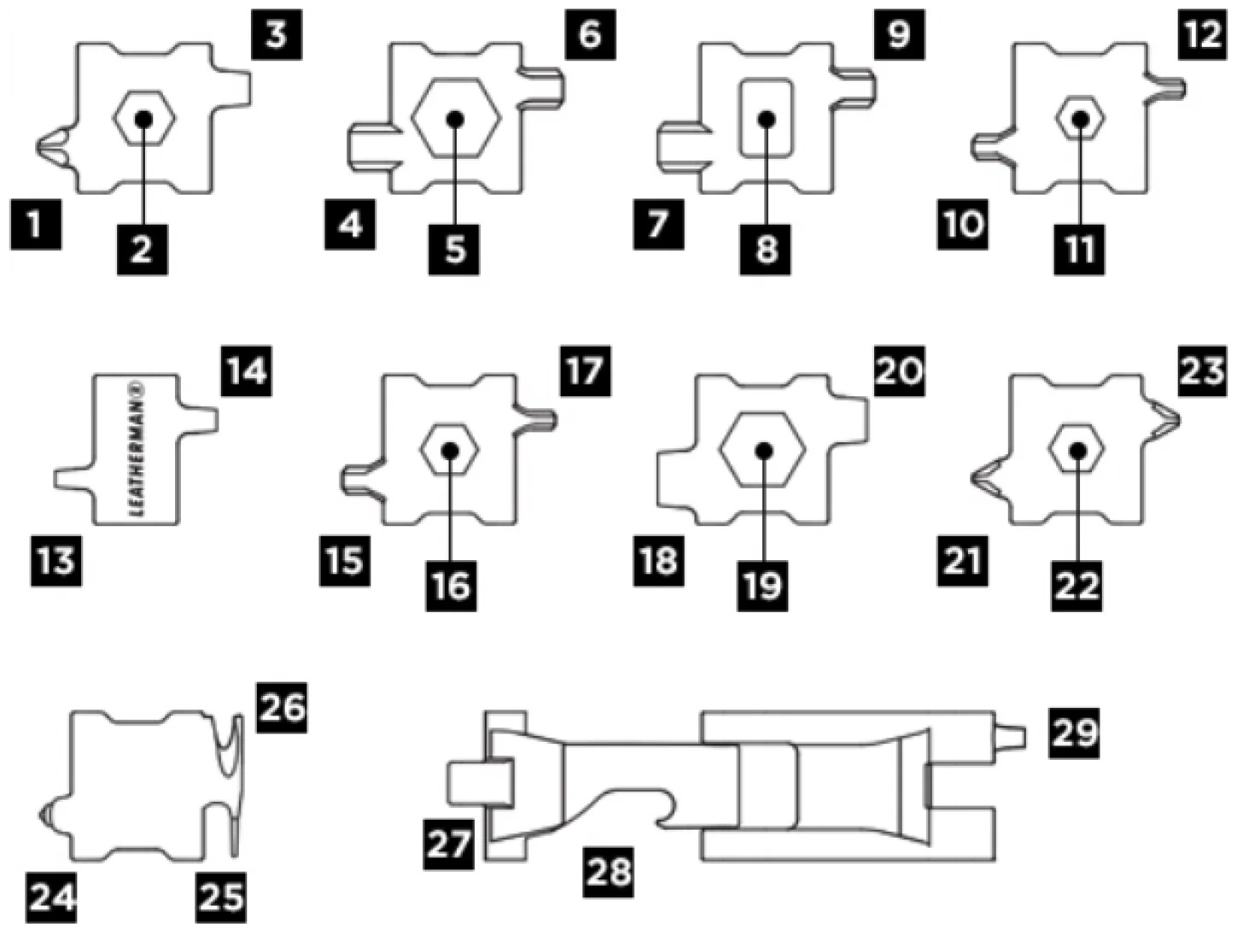 Схематическое изображение 29-ти инструментов мутильтитула Leatherman Tread